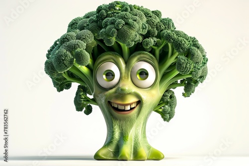 A green head of broccoli with eyes wide open on a white background, presenting a comical expression. Generative AI