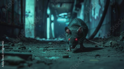 Red-eyed rat foraging on a gloomy underground pathway strewn with debris, in a suspenseful nocturnal setting