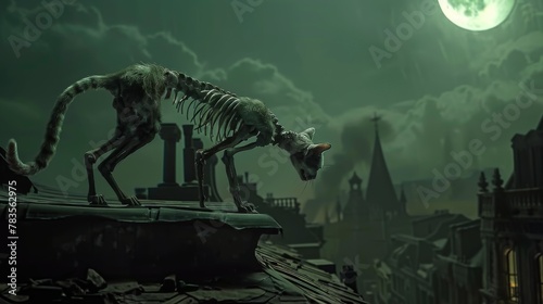 Skeletal cat perched on roo...