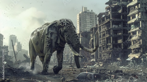 Solitary elephant wanders through a desolate cityscape, evoking a post-apocalyptic world