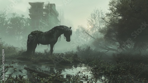 Mystical horse emerging from a swamp against a backdrop of a foggy ruined city © doraclub