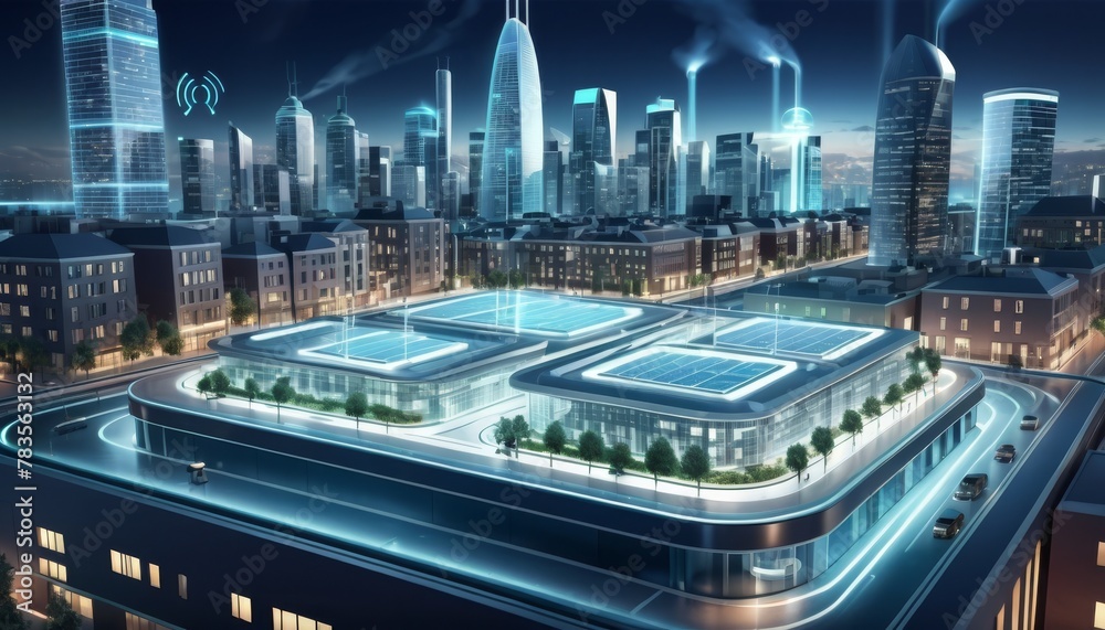 Fototapeta premium A night view of a smart city, showcasing interconnected services and infrastructure with glowing digital networks.. AI Generation. AI Generation