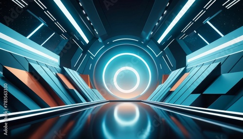 A digital illustration featuring a sleek, futuristic tunnel with bright blue and orange light leading to a glowing end point.. AI Generation