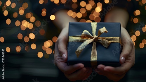 Woman Hands Holding Dark Blue Gift Box with Golden Ribbon, Copy Space on the Right Side, Dark Background with Bokeh Lights, Studio Shot. © Yi