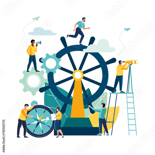 Vector illustration of business, leadership qualities in a creative team. Direction to a successful path, teamwork to launch a startup. African American man with loudspeaker, Business people, contract