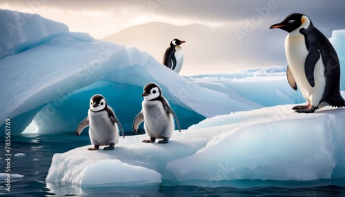 Three penguins of varying sizes stand atop a serene iceberg with another penguin observing from a distance, under a dramatic cloudy sky. AI Generation photo