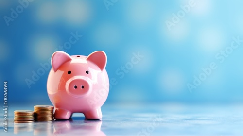 A sad pink piggy bank with a decreasing stack of coins against a calming blue backdrop, evoking empathy in savings