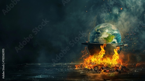 A conceptual art piece with Earth stewing in a pot, flames dancing below, capturing the essence of environmental concern