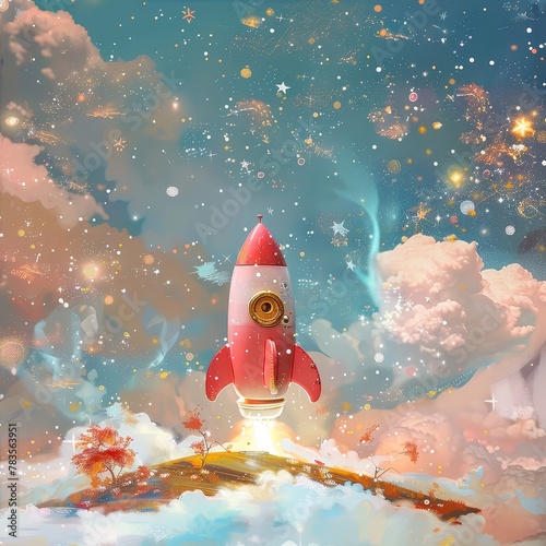 A pink rocket ship blasting off into space with a beautiful, sparkly background.
