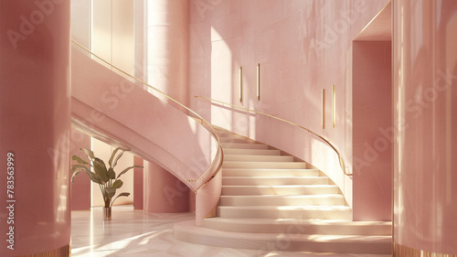 Crafting a staircase in shades of dusky rose pink, accented with gleaming brass details, for a romantic and elegant look in the lobby.