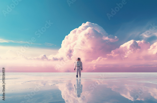 Astronaut standing near the sky, in the style of soft color fields, photo-realistic landscapes. Alien planet landscape with rocky surface and lake.