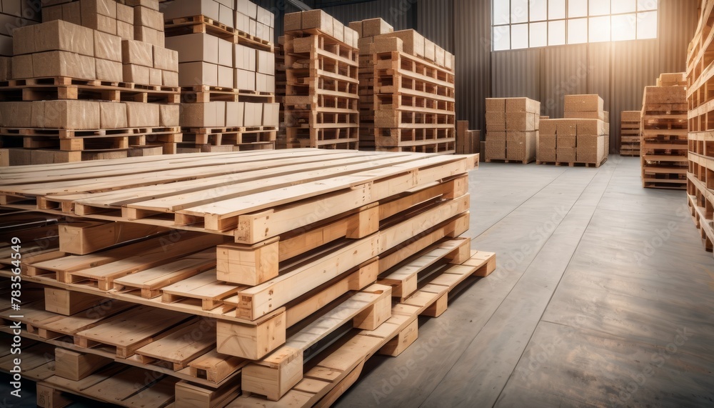 An industrial warehouse with high ceilings stocked with neatly stacked wooden pallets, awaiting transportation or storage. AI Generation. AI Generation An industrial warehouse with high ceilings stocked with neatly stacked wooden pallets, awaiting transportation or storage. AI Generation. AI Generation