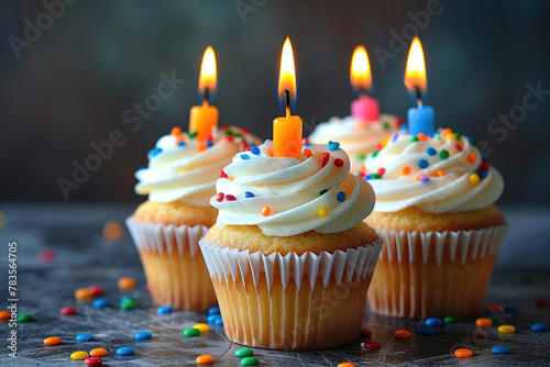 Birthday Cupcake with Candles on Background with copy space
