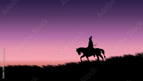 Mongolian soldier on horseback  flat color illustration