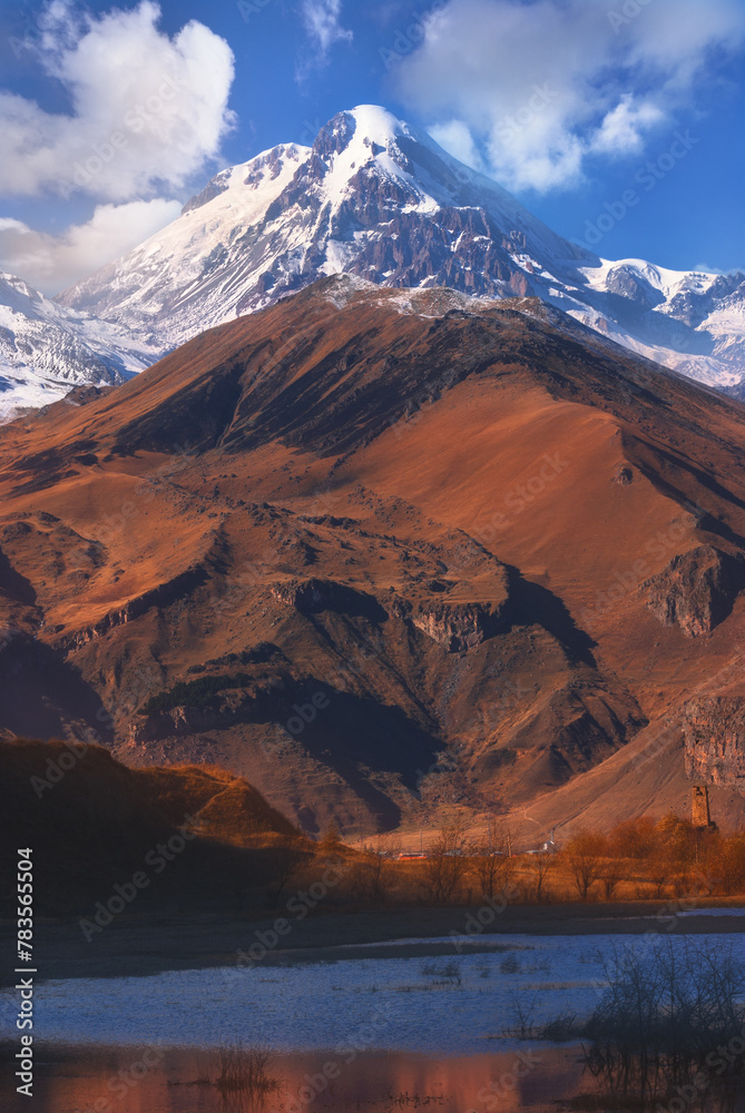 Autumn view of Kazbek mountain in Georgia.