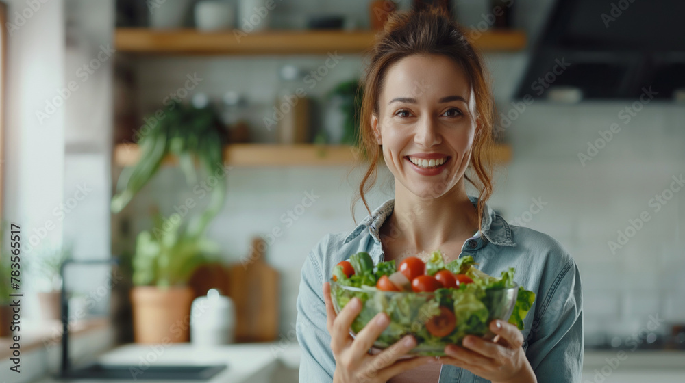 A happy young beautiful woman or girl holding a bowl of fresh organic green vegetable salad in a light kitchen. Eating healthy food. Concept of Diet, Fitness, Healthy lifestyle, vegetarianism. 