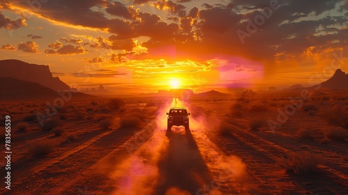 Off-road vehicles traversing a dusty desert. Generative Ai photo