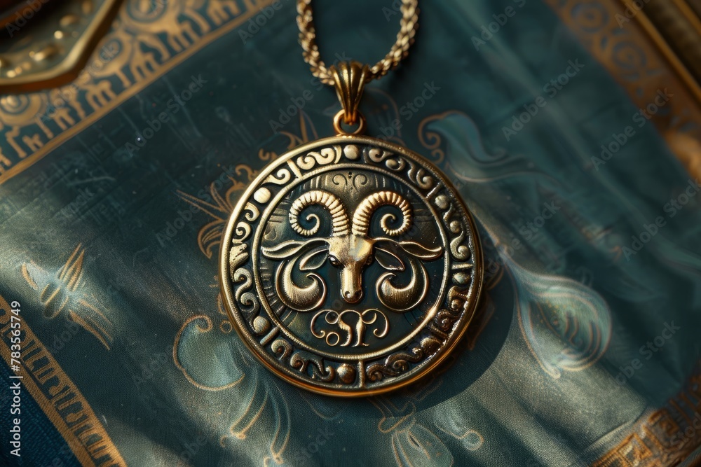 Intricate Aries Zodiac Pendant on a Carved Wooden Background
