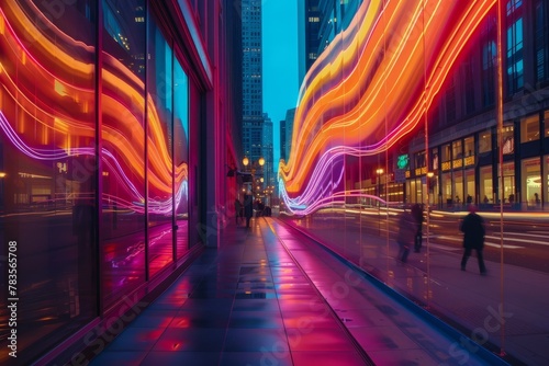 Illuminated Urban Path with Colorful Neon Light Art
