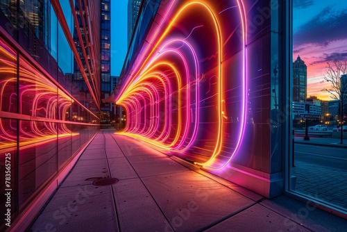 Futuristic Neon Tunnel Lights in City Environment at Dusk