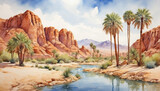 Painting of a desert oasis oasis in watercolor.