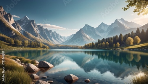 Serene dawn light bathes a tranquil mountain lake  reflecting the crisp silhouette of the surrounding peaks and a clear blue sky.. AI Generation