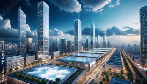 Wallpaper Mural A dynamic view of a contemporary urban skyline with innovative skyscrapers and a futuristic transportation system.. AI Generation. AI Generation Torontodigital.ca