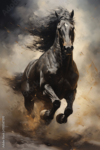 A galloping horse emerges from the dust and smoke, its silhouette exuding power and grace. Generative AI. H001