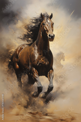 A galloping horse emerges from the dust and smoke, its silhouette exuding power and grace. Generative AI. H003