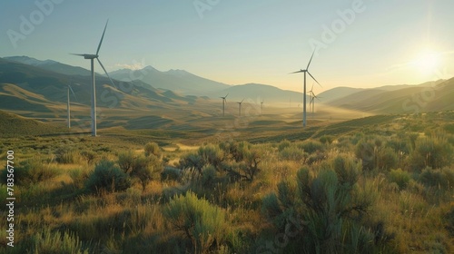 A panoramic shot of a valley with a of wind turbines dotting the landscape. The caption reads Harnessing the power of the wind in the backcountry as renewable energy takes root in . photo