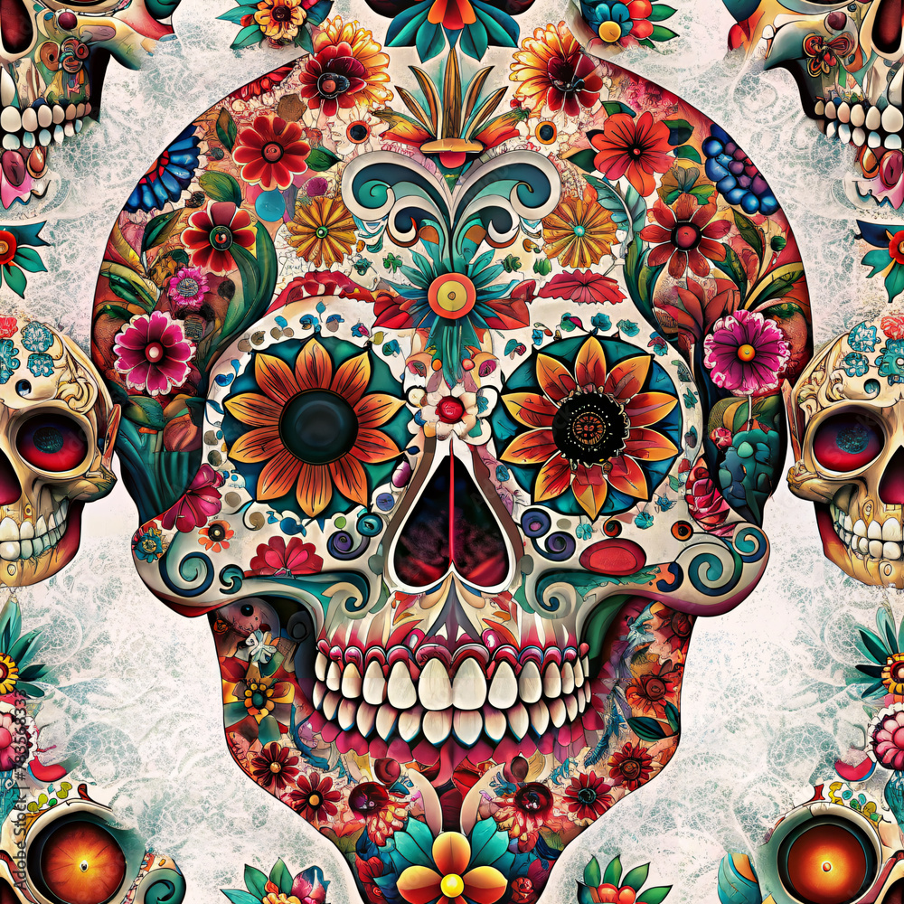 seamless wallpaper with skulls Pattern Mexican style