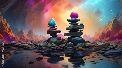 A surrealistic depiction of a stack of rocks on a mystical surface, inspired by abstract expressionism. The rocks are exaggerated in size and shape, appearing almost sculptural in nature, with vibrant photo