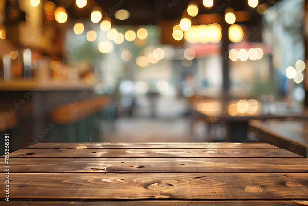 An empty butcherblock table with blurred coffee shop background.