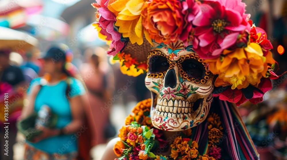 In the heart of a bustling marketplace, a modern twist on a traditional fiesta accessory emerges – a flower skull mask crafted with exquisite precision.