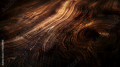 Macro shot of dark walnut wood texture, showcasing deep, rich tones and complex grain details.