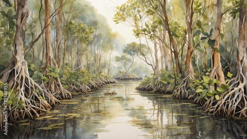 Painting of a mangrove forest ecosystem painted in watercolor. photo