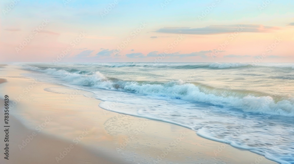 Gentle waves wash over a sandy beach under a soft sunset sky, conveying a sense of calm and tranquility Gentle waves wash over a sandy beach under a soft sunset sky, conveying a sense of calm and tranquility