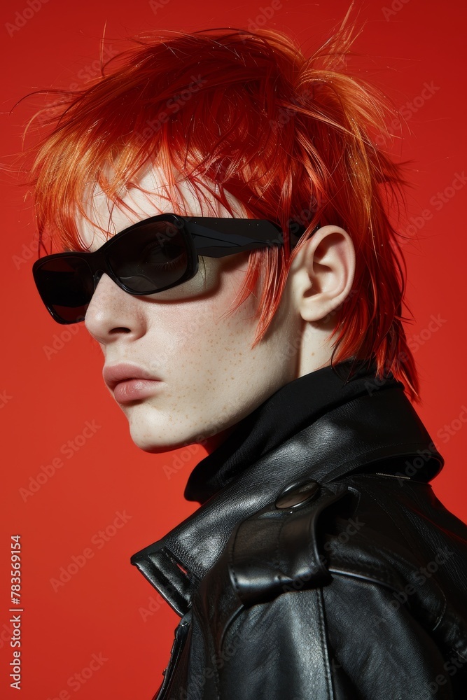 Stylish individual with bright red hair and sunglasses against a bold red background Stylish individual with bright red hair and sunglasses against a bold red background
