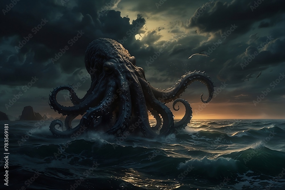 fantasy scene with kraken of giant octopus Emerging at Dusk in the sea.