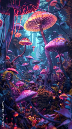 This fantasy image of luminescent mushrooms and plants in a magical forest evokes a sense of wonder and otherworldliness