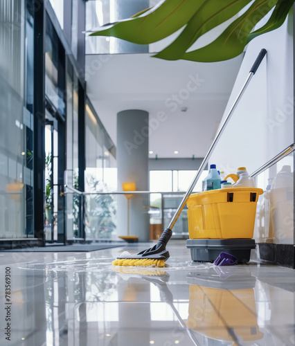 Bucket for washing floors, mop and rag professional cleaning in the office close-up without people