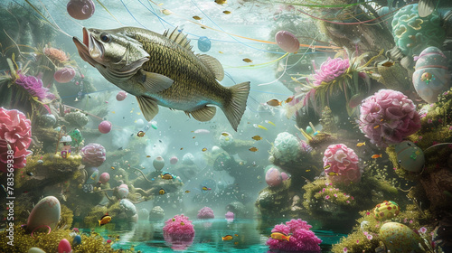 Crafting a surreal AI-generated landscape where a largemouth bass leaps gracefully out of water, surrounded by ethereal Easter decorations, transporting viewers to a realm of imagination