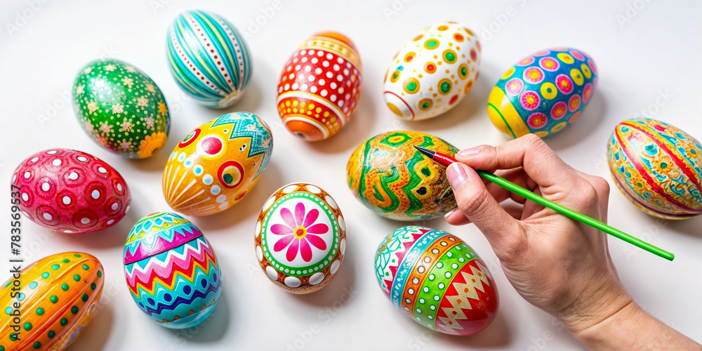 On a white background, hands paint Easter eggs, draw different beautiful patterns on them On a white background, hands paint Easter eggs, draw different beautiful patterns on them