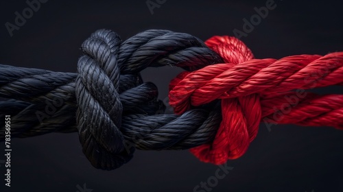 A close-up image showcasing two intertwined ropes, one red and one black, symbolizing a strong bond, unity, or partnership, tied together in a secure knot on a neutral background.