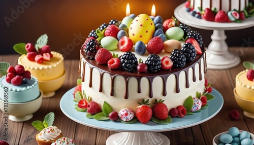 A decadent Easter-themed cake topped with fresh berries  colorful eggs  and a drizzle of chocolate  ready for celebration. AI Generation