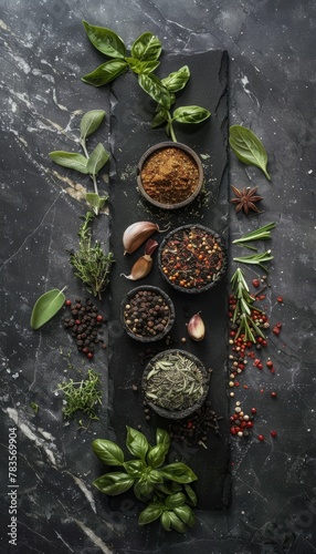 Assorted Spices and Herbs on Black Slate