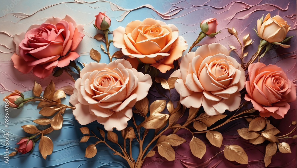 Playful roses in a sunset gradient, dancing across the canvas with whimsical charm.