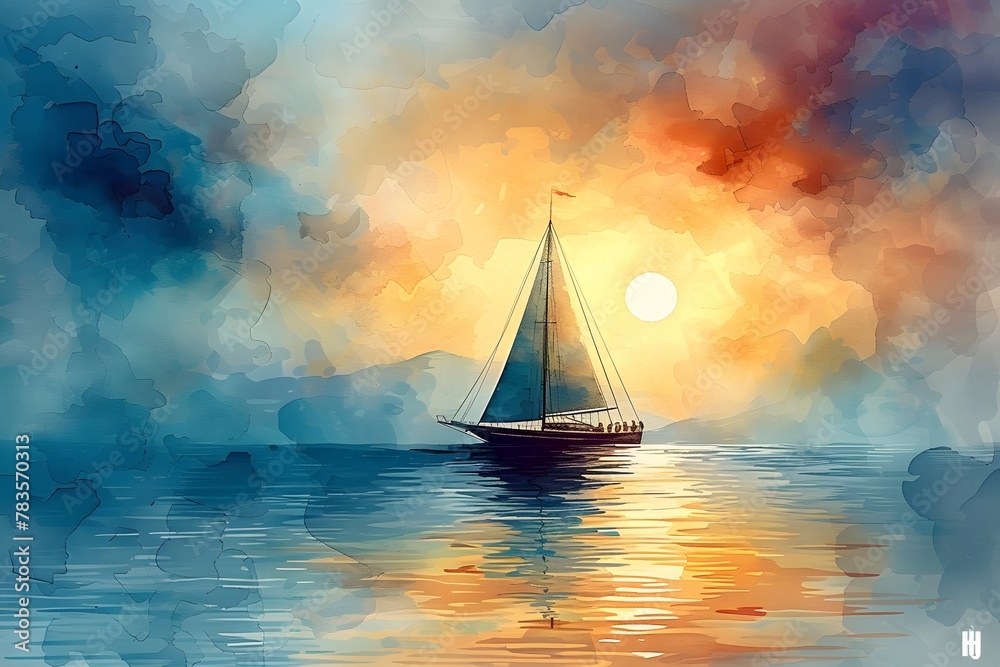 Impressionist seascape painting with boat and sun rays on canvas texture. Colorful abstract modern art for background.

