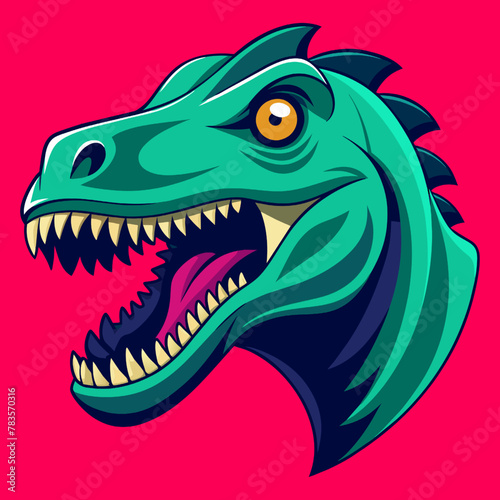 Cartoon vector illustration of angry green dinosour head with sharp teeth.
