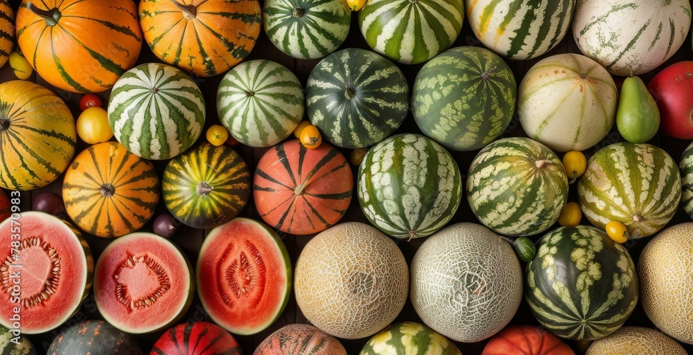 Assorted Melons on a Market Display